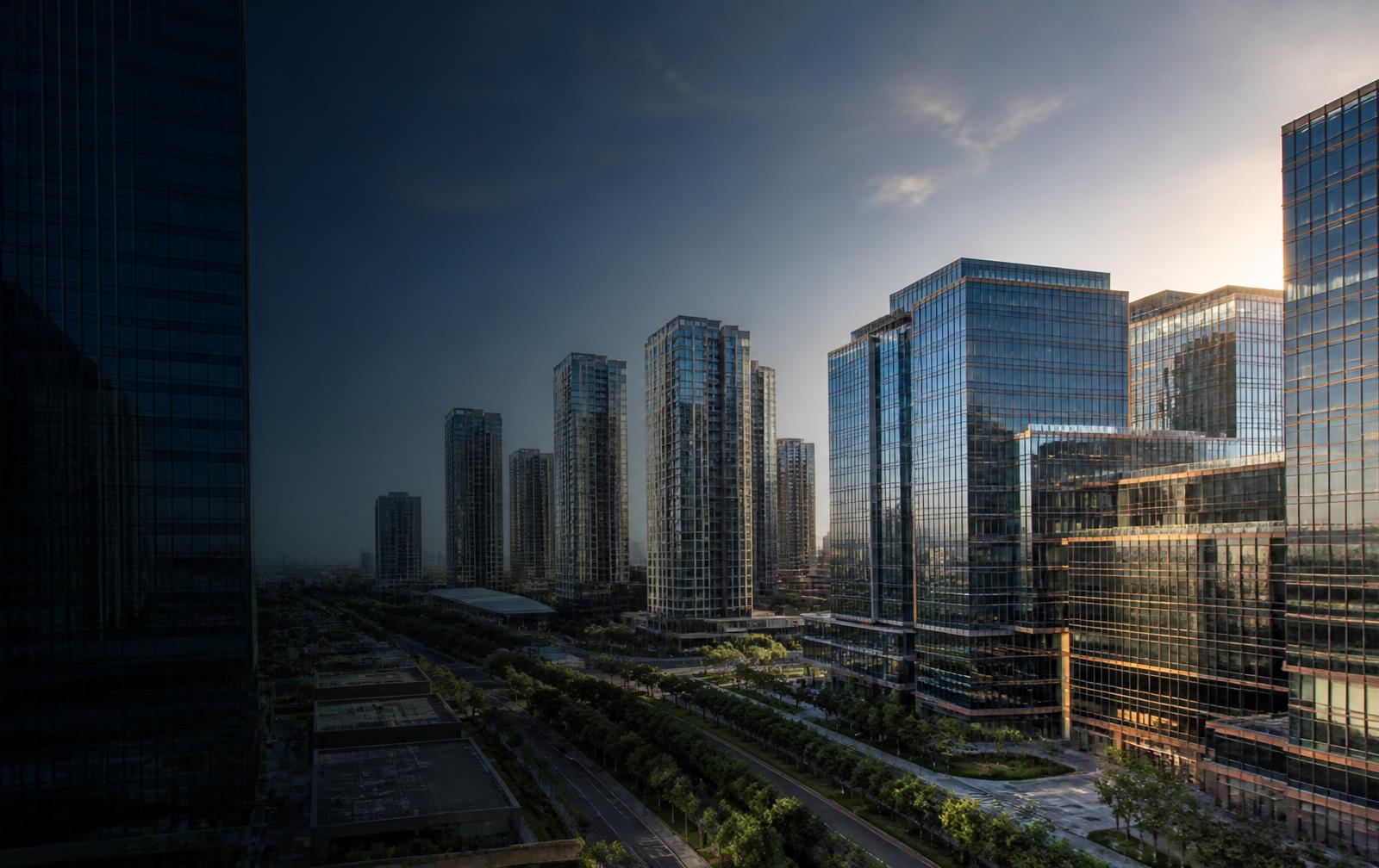 Modern business district representing professional property management